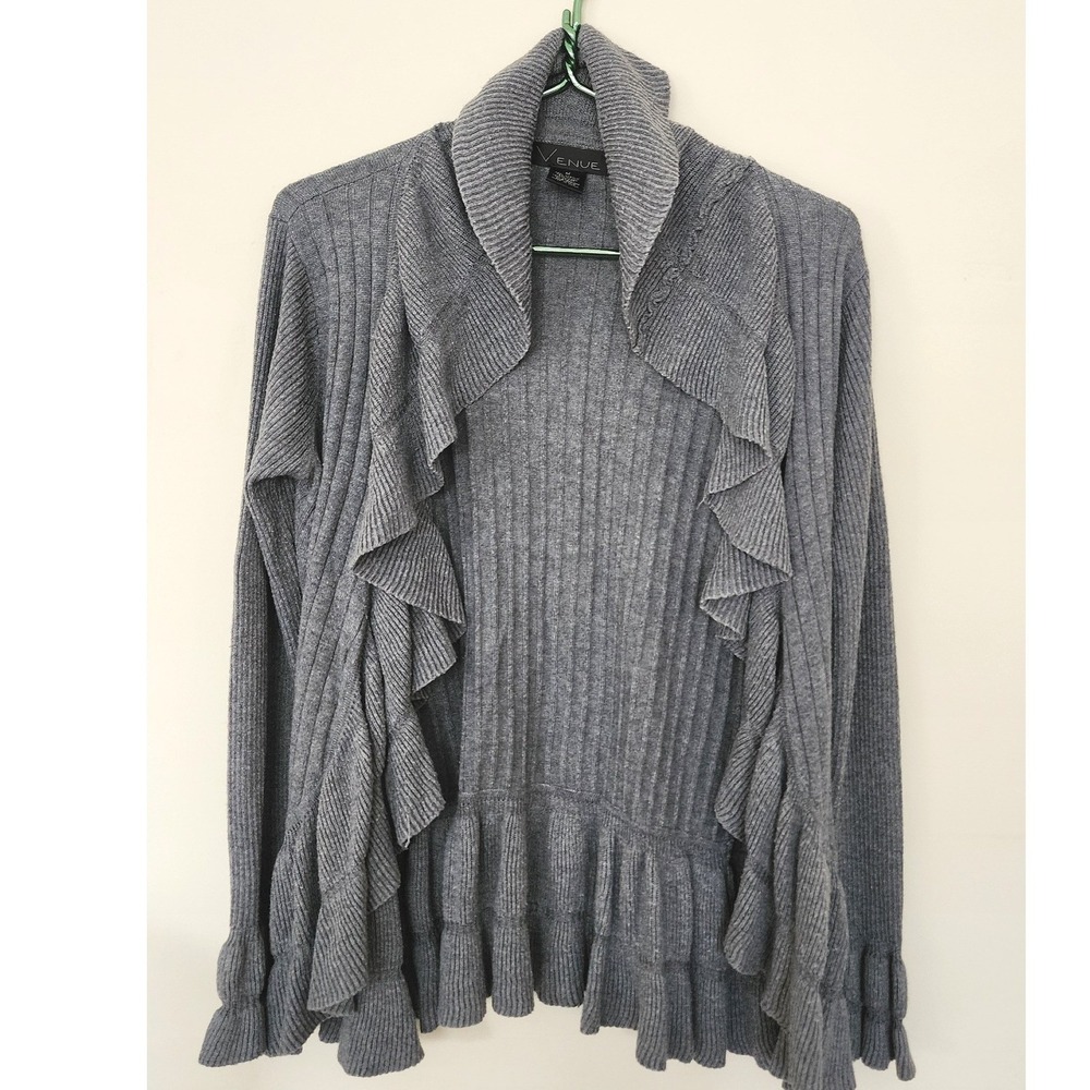 Venue Grey Ruffle Trim Ribbed Cashmere Blend Cardigan M Romantic Cottagecore - Picture 5 of 8